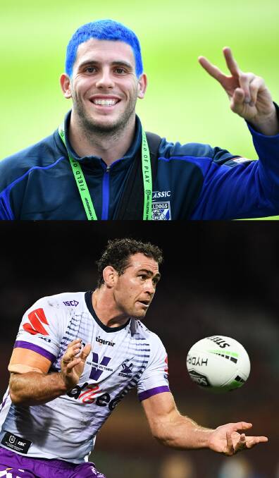 Bulldog and Storm forwards Adam Elliott (top) and Dale Finucane have both been nominated for the Ken Stephen Medal. Photos: NRL Imagery.