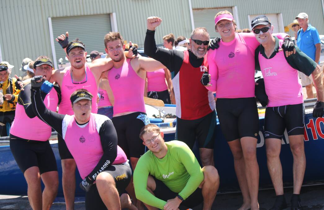 The Ladz surfboat crew (back) Andrew Love, Chris Dickinson, Will Dickinson, Stuart Manson, Jesse Meaker, Alan Birchall, (front) Chris Love and Jamie Boulter. Support members not pictured include: Ben Claxton, Hamish Treloar, Lochie Butterworth, Sean Southwood and Jim Harris.