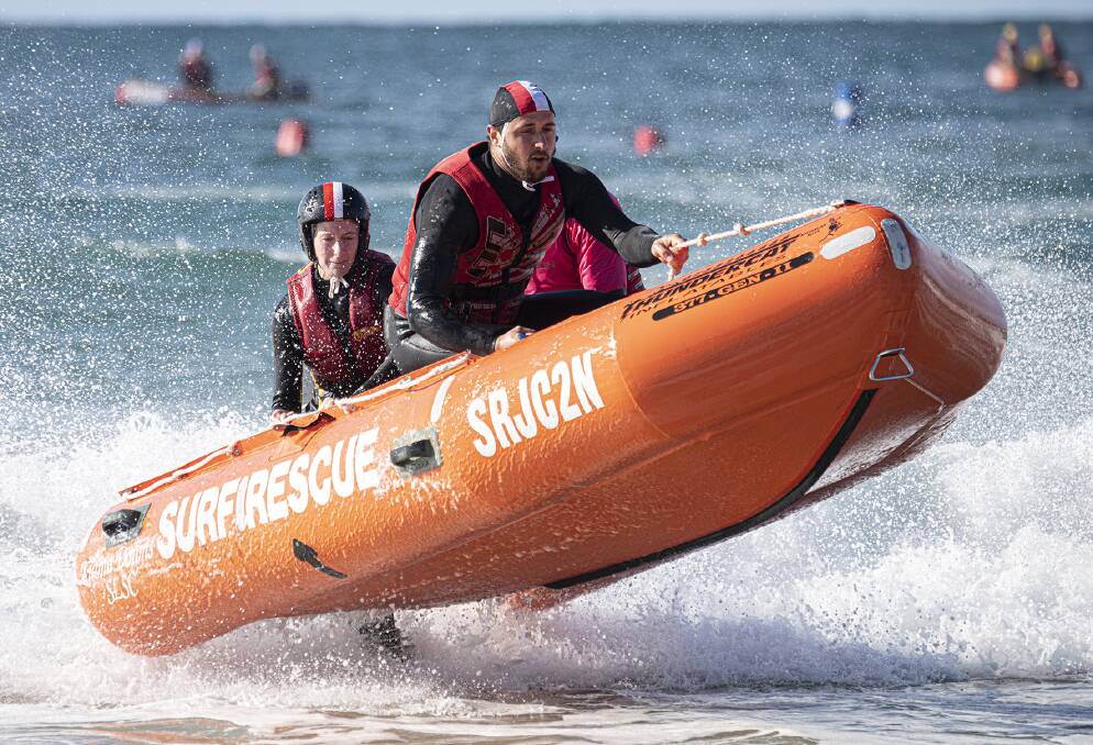 Air time: The Kiama Downs IRB team will contest for top spot during races at Broulee this weekend. Pictures: SLSNSW.