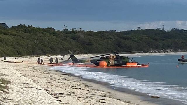 The MRH-90 Taipan multi-role helicopter at Greenpatch Beach on Thursday morning. Picture by Glenn Ellard. 