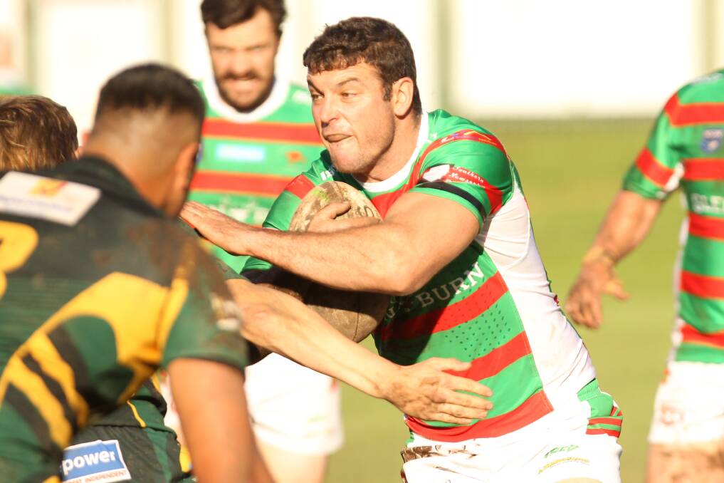 Making metres: Simon Maslanka took some good hit ups for the Jamberoo Superoos in their 14-12 win over the Stingrays. Picture: supplied. 