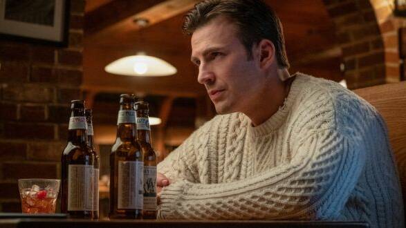 Chris Evans wears an Aran sweater in the newly released film "Knives Out."