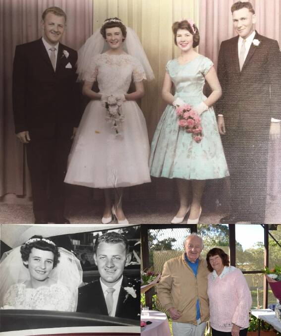 The wedding party: Ron and Margaret Sharpe, bridesmaid Pat O'Dwyer (nee Gerrey) and best man Ray Henry. Bottom right; Margaret and Ron celebrated their 60th wedding anniversary with a small group of family and friends. 