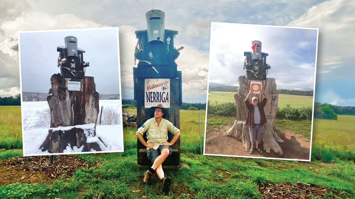 A trip to Nerriga isn't complete without an obligatory photo with Nerriga Ned, pictured after a snow dump in September 2019 (left) and with Lenny Connell (right) during the great toilet paper shortage of 2020. Pictures by Sarah Marley, Nerriga Hotel, Trevor Hardie
