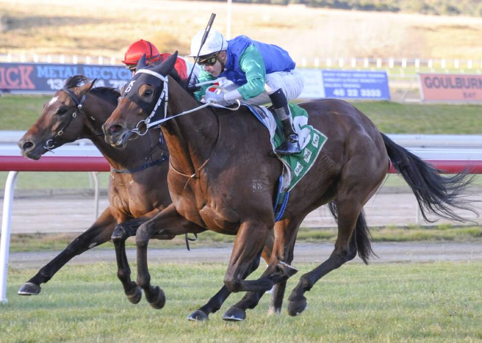 Keith Dryden's Balansa (white cap) charges to victory at this year's Nowra Cup at Goulburn. Photo: BradleyPhotos.com.au