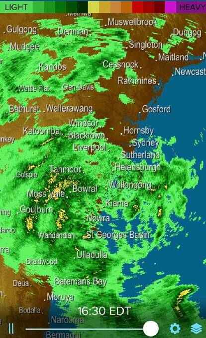 Rain radar about 4.30pm on Sunday, March 17.
