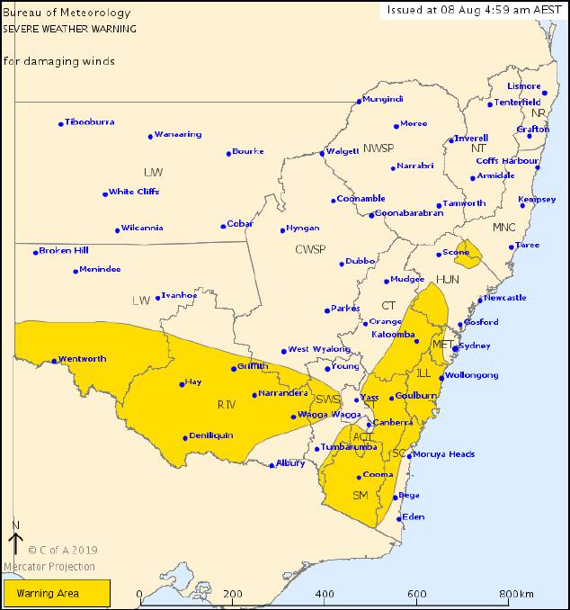 Bureau of Meteorology's weather warning issued about 4.59am, August 8. Picture: BOM. 
