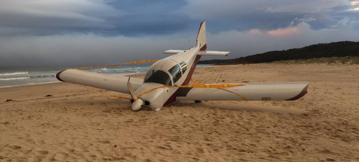 Two people escaped injury after a crash-landing on Racecourse Beach, Ulladulla. Pictures: Sam Strong/Australian Community Media.