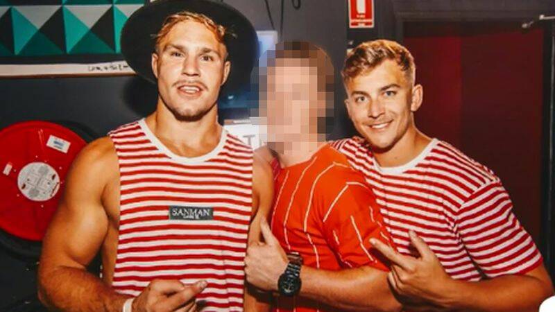 Charged: Jack De Belin (left) and Callan Sinclair (right) pictured just hours before they allegedly sexually assault a 19-year-old woman.