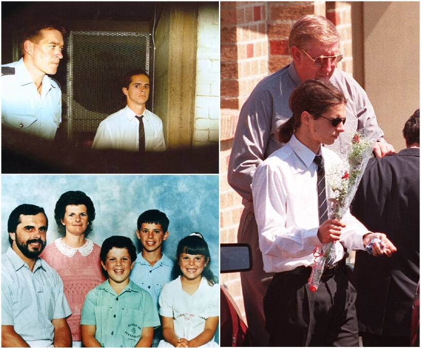 TEEN KILLER: Matthew De Gruchy, pictured in custody (top left); at the funeral of his murdered family members (right) and alongside Wayne, Jennifer, Adrian and Sarah.