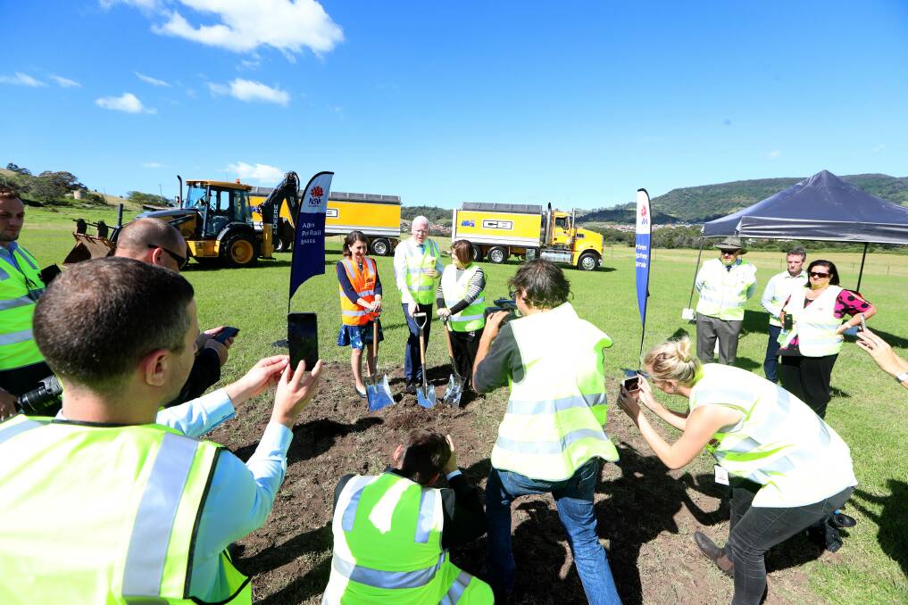 Dig it: NSW Premier Gladys Berejiklian, Kiama MP Gareth Ward and South Coast MP Shelley Hancock at the sod-turning to mark the start of work on the first stage of the Albion Park Rail Bypass. Picture: Sylvia Liber