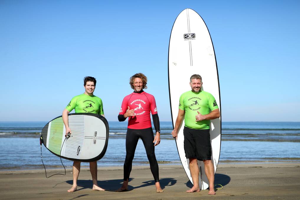 Army veteran Lyntton Tonta with Gerringong Surf school instructor Rusty Moran who has teamed up with Gerringong RSL sub branch president Glenn Kolomeitz to launch a new initiative, Defence Surf Therapy Program. Picture: Sylvia Liber