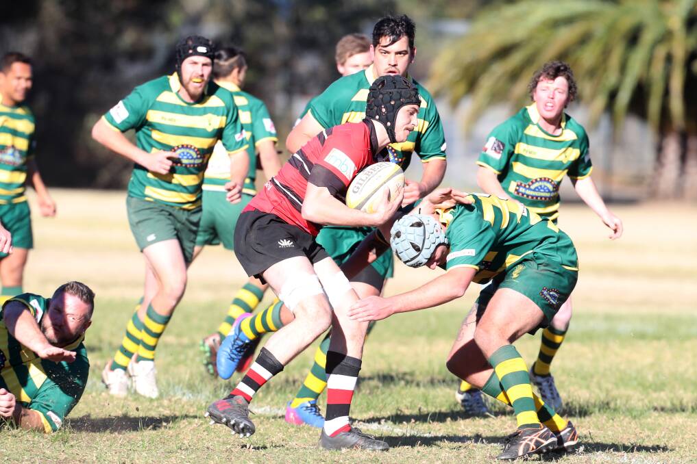 Tech forward Tom Ciot attempts to bump off a Shoalhaven defender Michael Dun in Saturday's victory. Photo: Sylvia Liber.