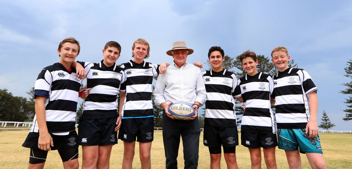 Kiama mayor Mark Honey with junior rugby players at last year's Country Championships announcement. Photo: Sylvia Liber.
