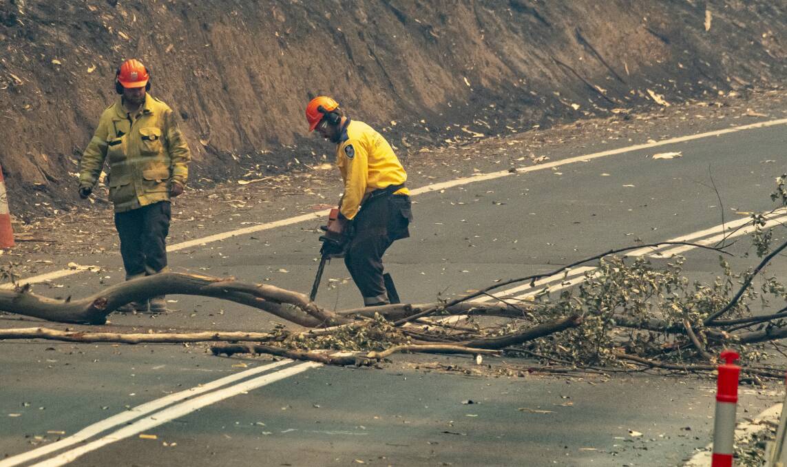 Fire crews work to remove dangerous burned trees along the Princes Highway. The NSW Rural Fire Service said that falling trees remain a major concern. Picture: Sitthixay Ditthavong
