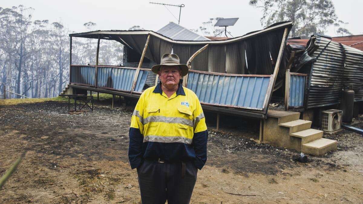 Lindsay Lavis' property has been destroyed at Tianjara from the NSW Tianjara fire on Saturday. Picture: Dion Georgopoulos