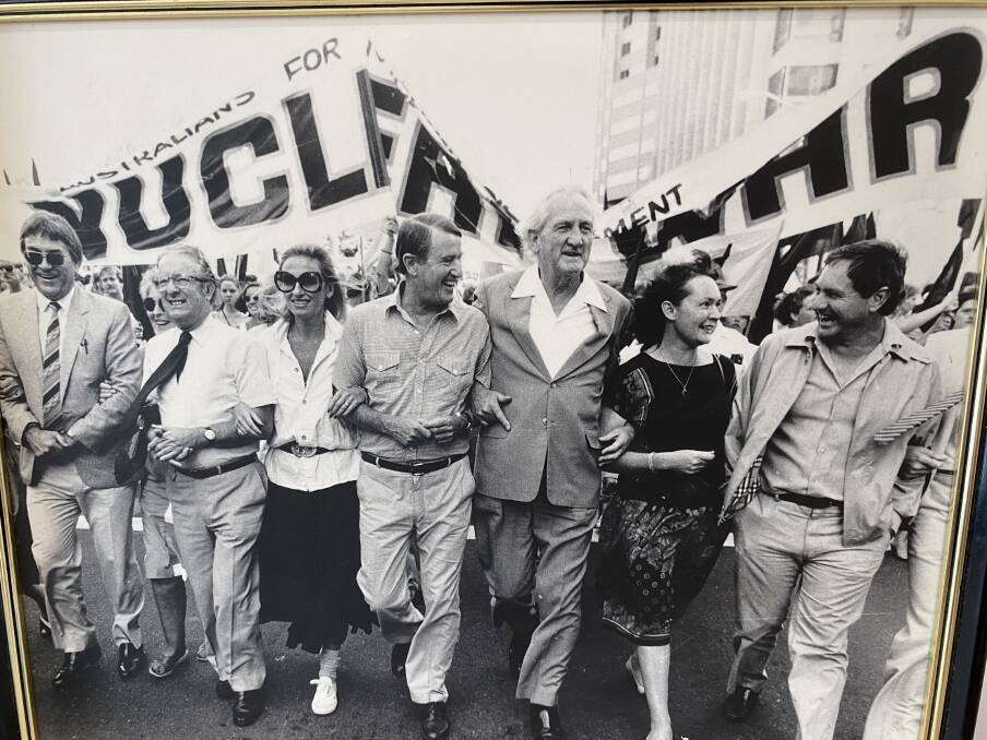 West (left) at an anti-nuke march with Jill and Neville Wran, Tom Uren and others.