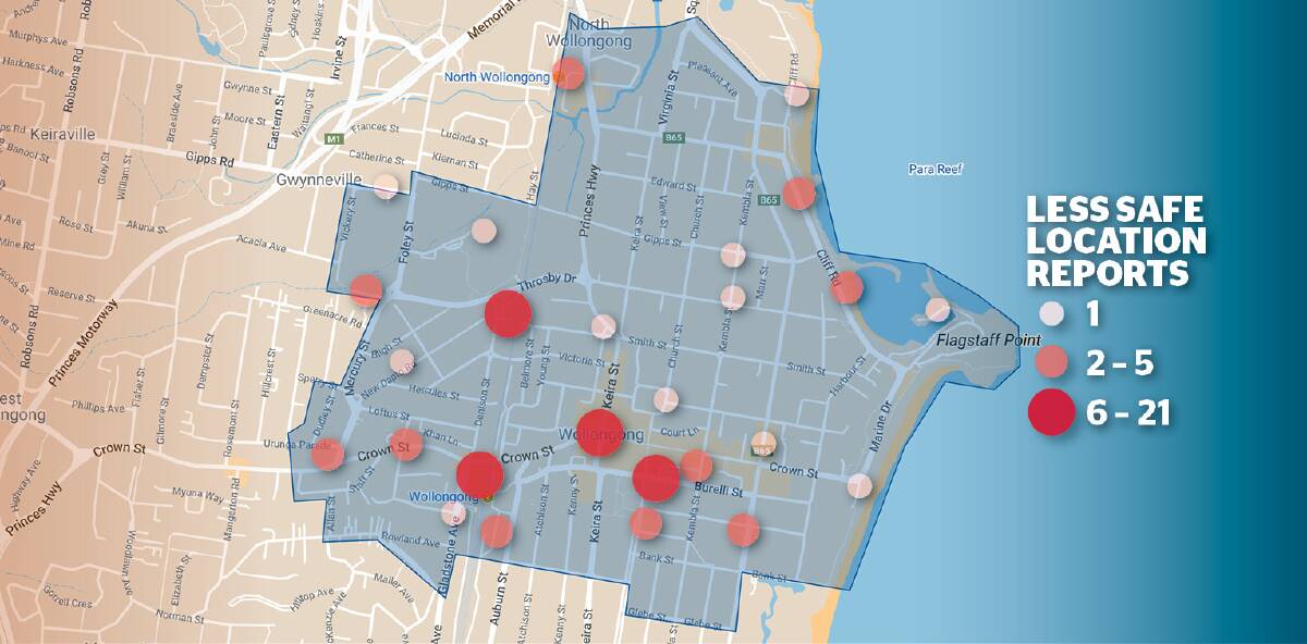 This map shows the number of issues in Wollongong reported through the Safer Cities Her Way project as of Tuesday. 