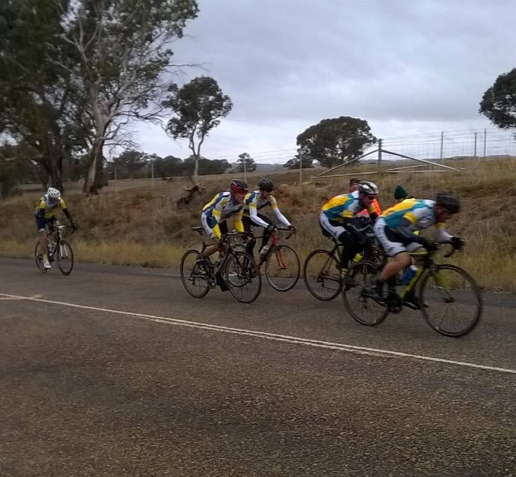FINAL STRETCH: Jason Spence leads his club mates Ben Wallis, Gary Bryce, Tony Kuipers, John Cullity, Geoff Lockhjart and Henry Wakeford to the finish.