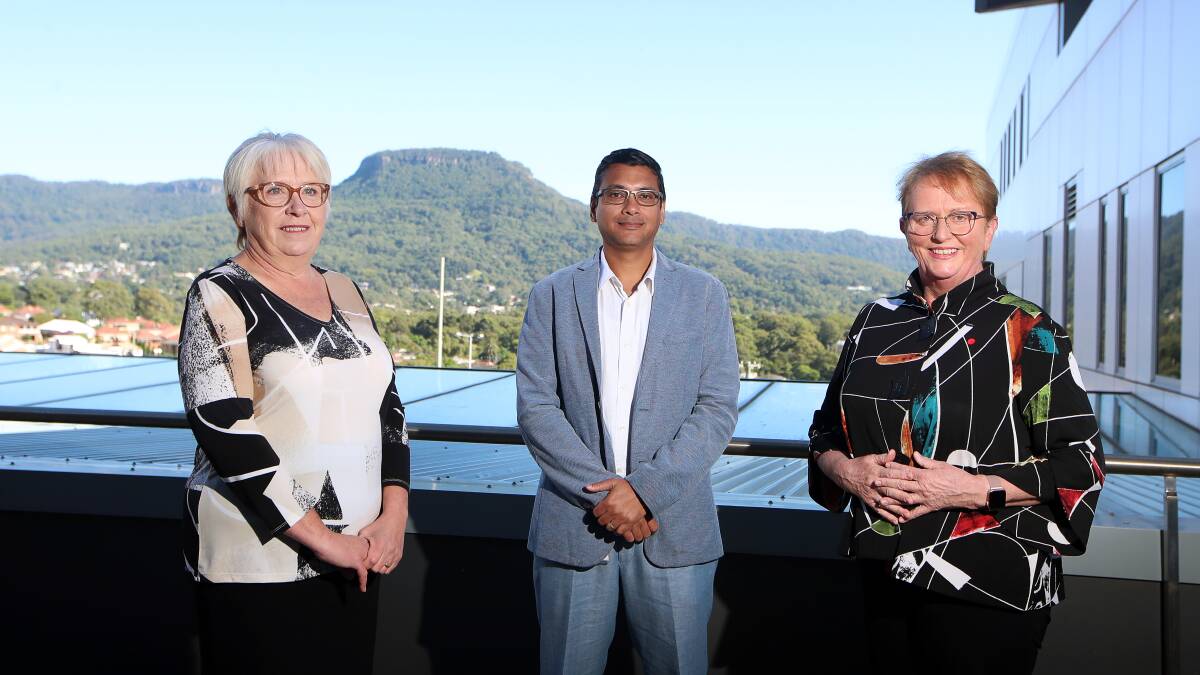 ISLHD executive director of nursing and midwifery Deborah Cameron; infectious diseases specialist Dr Niladri Ghosh and chief executive Margot Mains are excited the Wollongong Hospital vaccine hub has opened. Picture: Sylvia Liber