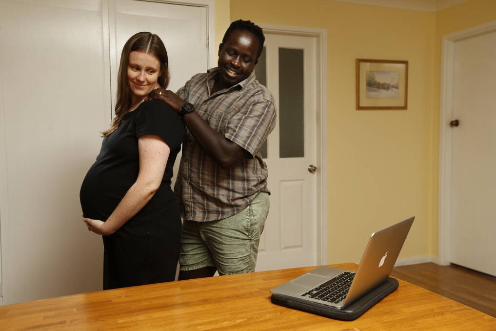 South Coast couple Naomi and Biar Biar are among the expectant parents across the Illawarra and Shoalhaven doing their antenatal classes online due to the COVID-19 crisis. Picture: Anna Warr