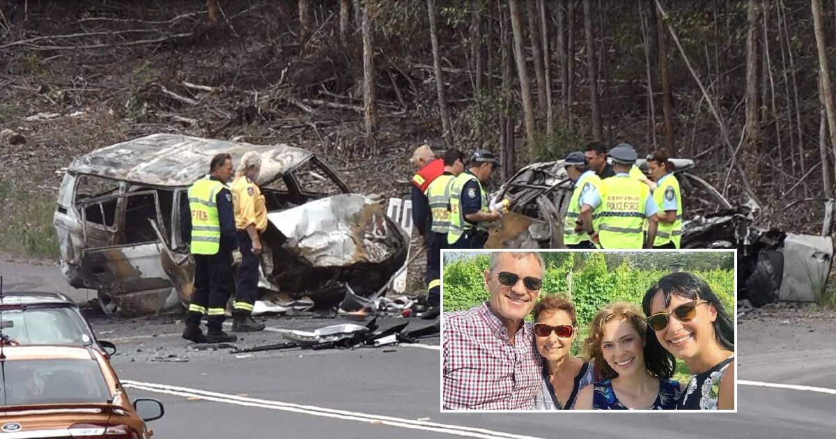 HORROR: The scene of the Boxing Day accident. Insert: Lars Falkholt, his wife Vivian, and their daughter Annabelle have died, while Jessica Falkholt (right) remains critical. 
