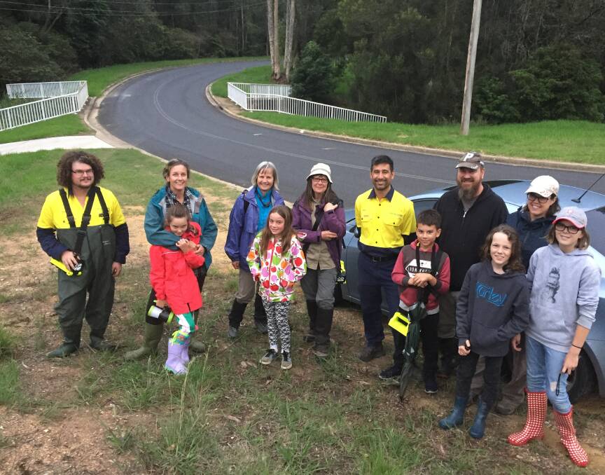 Citizen scientists: The Benjamin family (far right), Eurobodalla Shire Council staff and Eurobodalla Natural History members surveyed creeks on the lookout for more of the noxious pests.