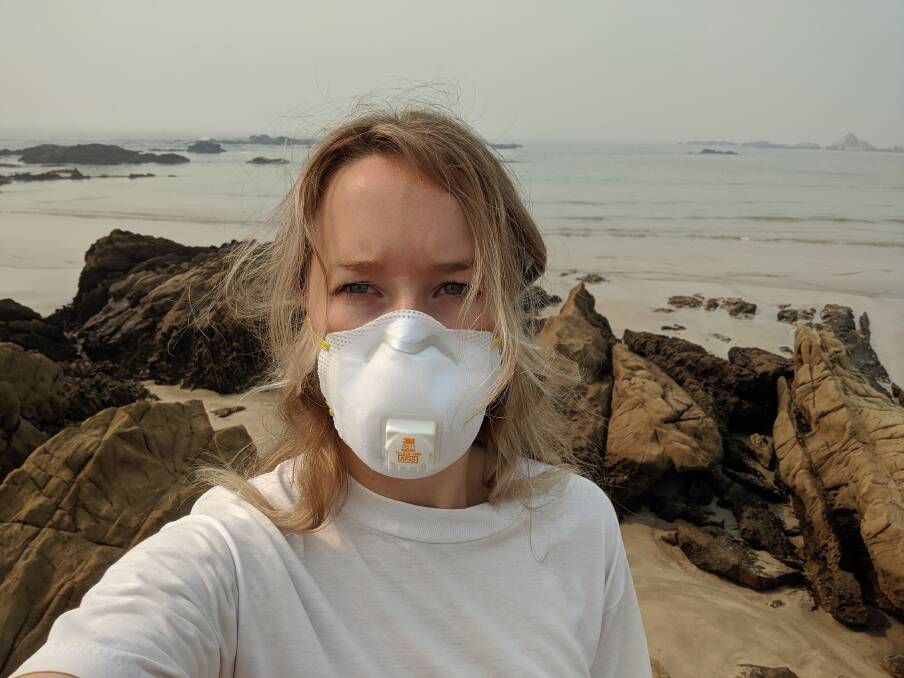 Bay Post/Moruya Examiner reporter Andrea Cantle wore a P2 mask in December 2019 during the South Coast bushfires. In March 2020, another mask is worn.