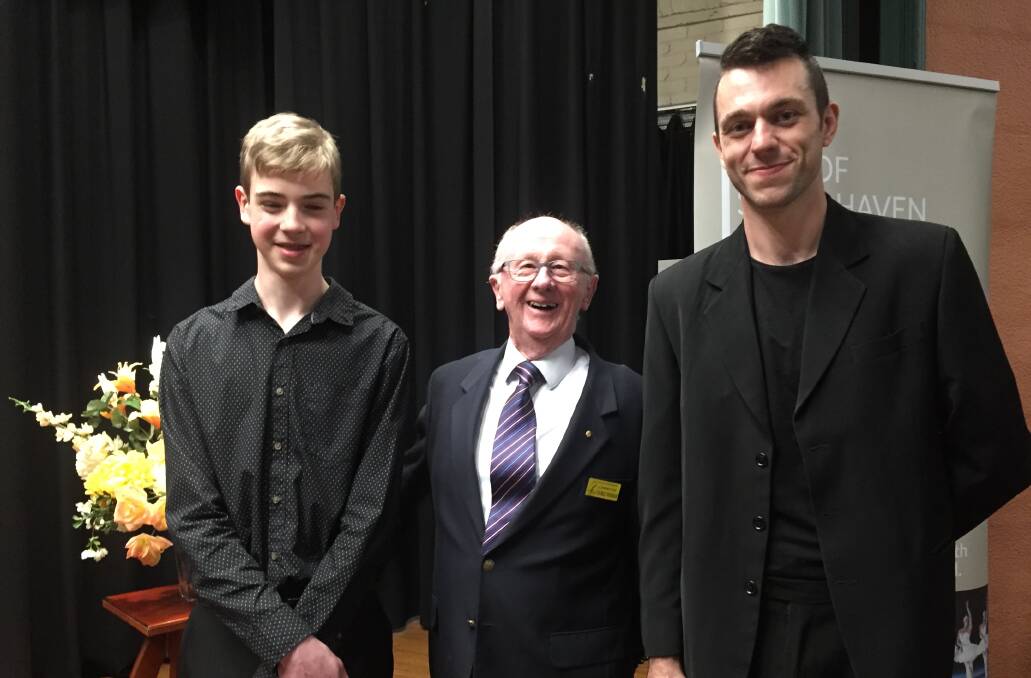 Section 426 Piano Championship - Open: Luke Bowen in third place, George Windsor OAM past president of the Eisteddfod and Arthur Bowcher in second place. Luke also won the Section 410 Teen Piano Championship. Photo: supplied. 