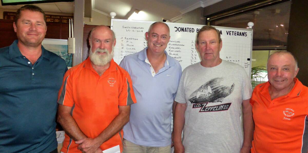CALLALA GOLFERS: Cpt Craig Wassell, Dave Dickenson, Graeme Humphrys, Andrew Kozinski and Peter Thorpe. Photo: contributed.
