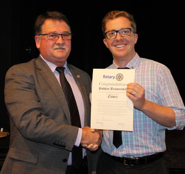 WELCOME: Bohdan Brumerskyj was recently inducted by Rotary Nowra president, Rob Russell.