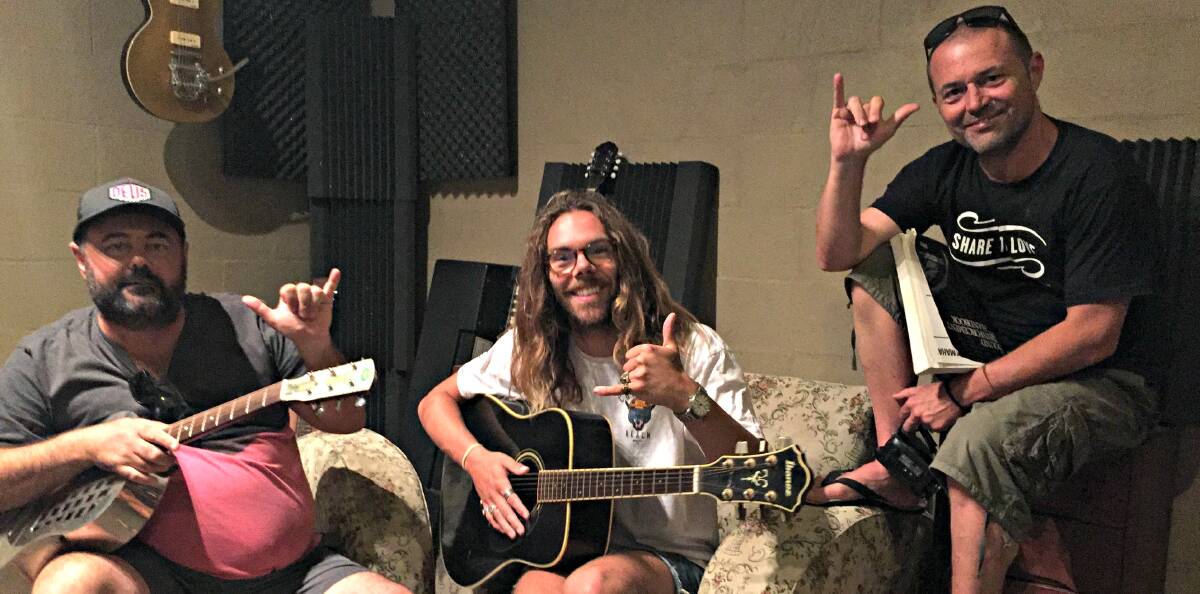 CREATIVITY: Young Coasties Song Music Project crew Marcus Adamson, Jaden Spence and Alex McNeilly at Beach Tracks Studio in Culburra.
