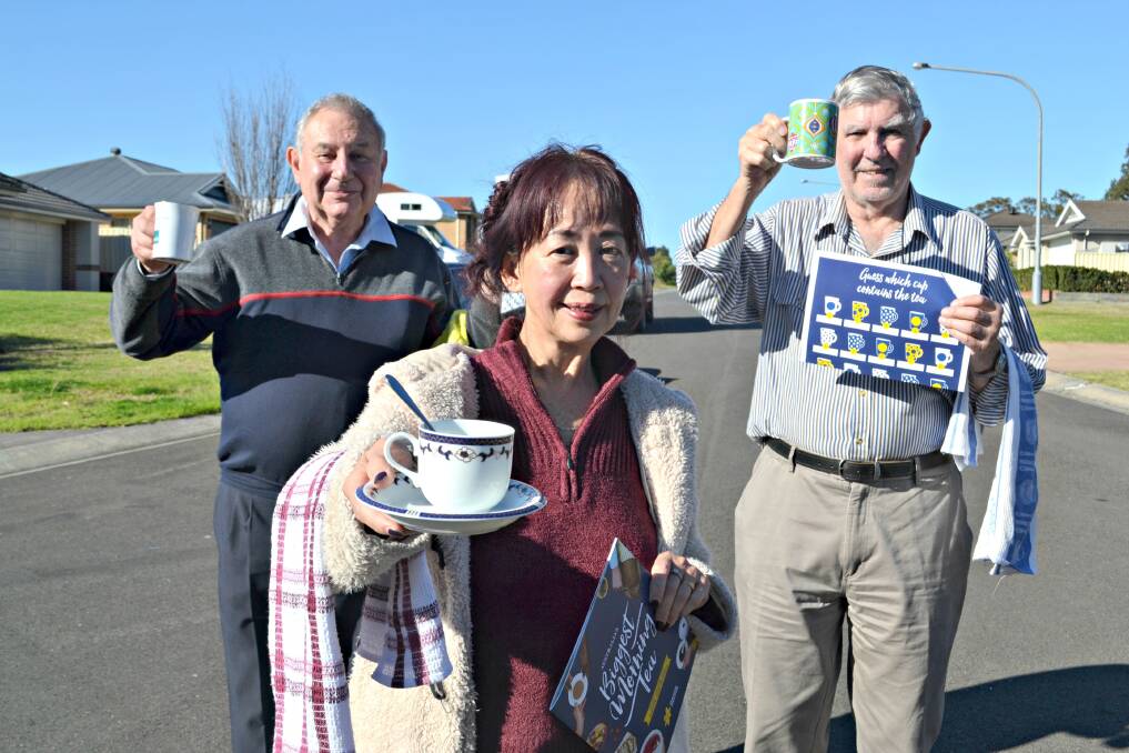 CUL-DE-SAC CUPPA: Mountain Ash Place residents Robert Allotta, Jaslyn Perlitz and Peter Jackson encourage everyone to come along for a cuppa on Saturday to help raise funds for the Cancer Council. 