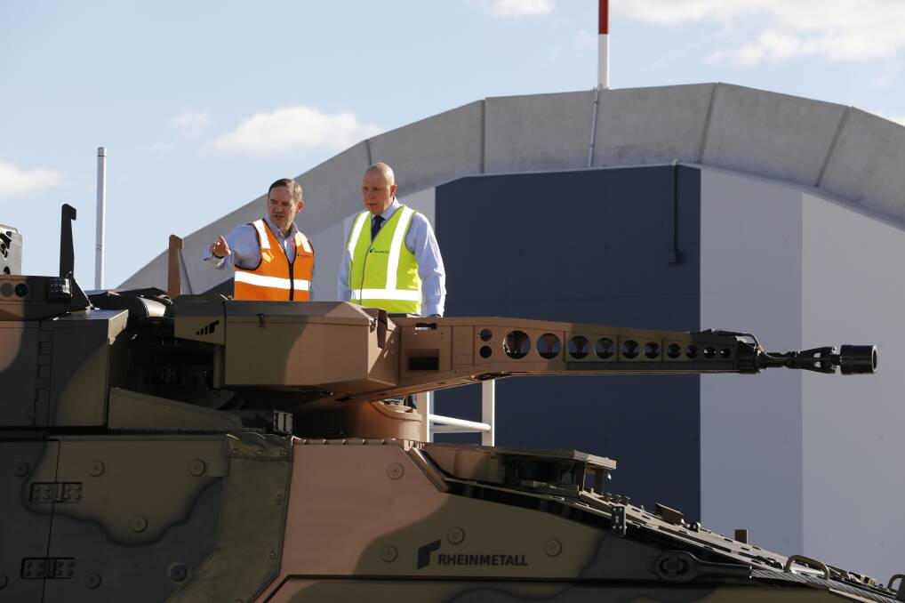 Rheinmetall Defence Australia managing director Gary Stewart with Defence Minister Peter Dutton. Picture: Defence