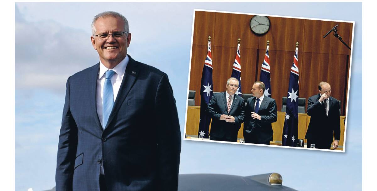 Scott Morrison's campaign puts him in front of more cameras than questions. As shown in 2015 (inset), he always knows when the cameras and mics are on. Pictures: AAP 