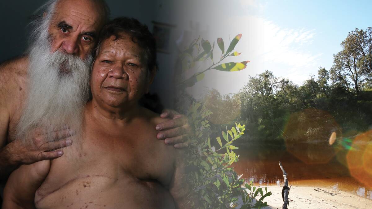 Elder Aunty Vida Brown, who grew up eating the clay out of a poisoned river in Wreck Bay, shows the scars from cancer. She's pictured here with her partner Paul. Pictures by Sylvia Liber