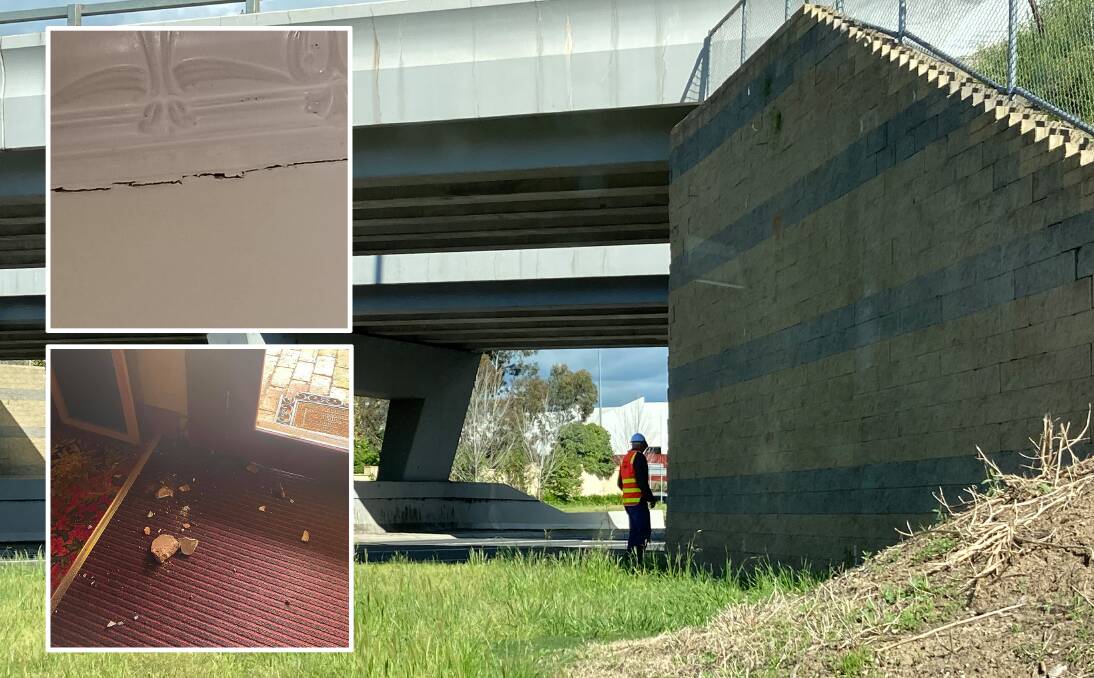IMPACT: The recently upgraded overpass over High Street, Wodonga was among infrastructure inspected following Wednesday's magnitude 5.9 earthquake, which reportedly caused damage to some North East properties (inset). 