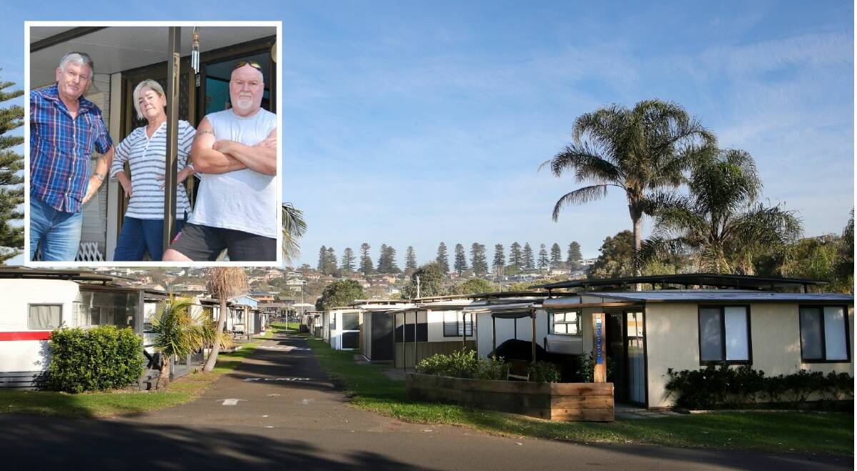 UNHAPPY: Mark Vine, Lesley Harvey and Martyn Smith (pictured in 2018) are unhappy with the redevelopment of Werri Beach Holiday Park.