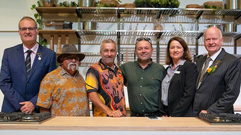 
Brock Gilmour, CEO RASNSW, Uncle Wayne Ardler, Kids Mentor, John  Stovin-Bradford  Nowra East Public School Garden Kitchen Co-ordinator, Alex McNeilly, Project Manager, Nowra East Community Kitchen Project, Cecilia Logan, Manager RAS Foundation and Robert Ryan OAM, President RASNSW.