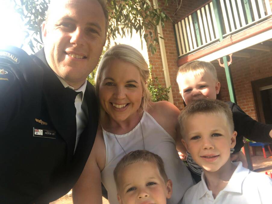 Chief Petty Officer (then Petty Officer) Andrew Lee, Kirralee Lee, Heath Lee, 5, Declan Lee, 7 and Cobey Lee, on Anzac Dy 2019.