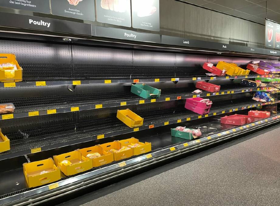 CAUGHT SHORT: Empty shelves in the meat section at ALDI in Corrimal on Monday. COVID-19 continues to disrupt the food supply chain. Many smaller producers however have the agility to work around issues. Picture: Anna Warr.