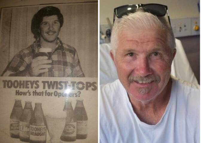 HERE'S CHEERS: Shayne Ashton as the face of Tooheys twist-tops in 198, and (right) in 2019.