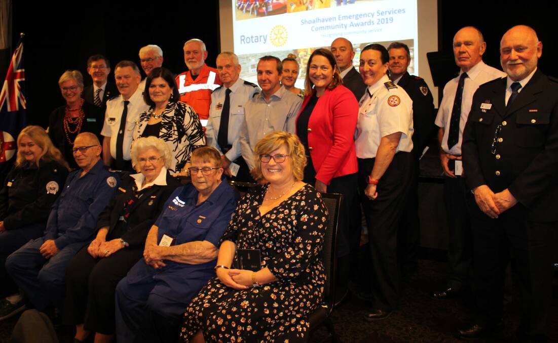 Finalists, dignitaries and event coordinators at the 2019 Shoalhaven Emergency Services Community Awards Night. Image supplied.