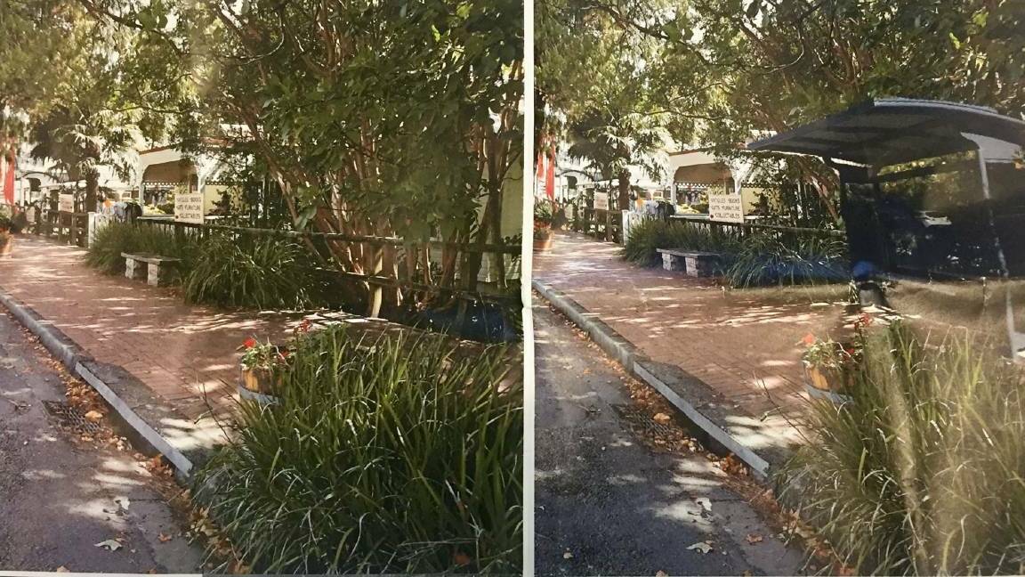 Left: The proposed bus shelter site. Right: An impression of what the site would look like with the shelter. 