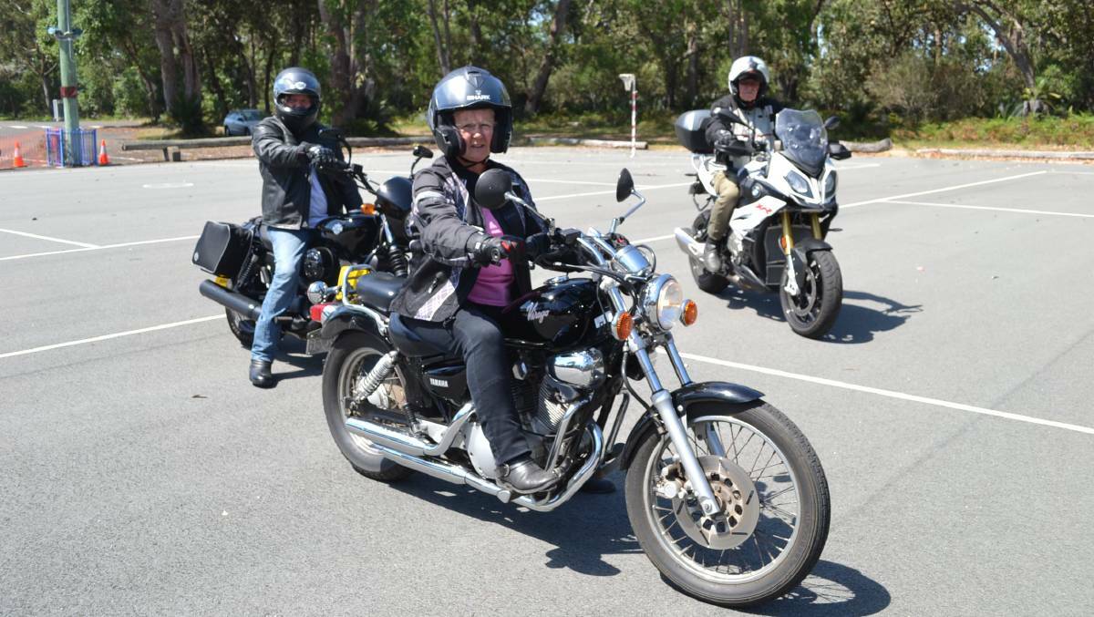 South Coast motorcyclists Dave Burrows, Estelle Bamman and David Ritchie at a Stay Upright course in 2016. Photo: Josh Gidney.
