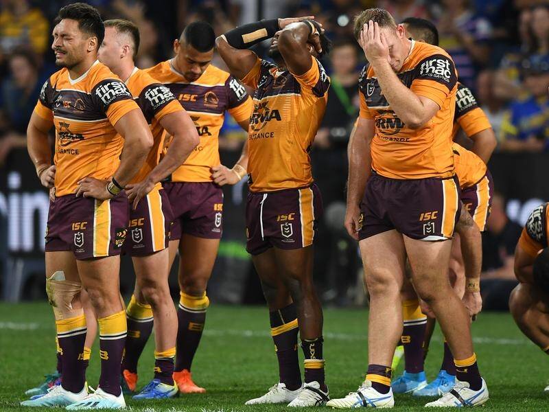 Broncos players react during their shattering exit from the NRL finals last weekend.