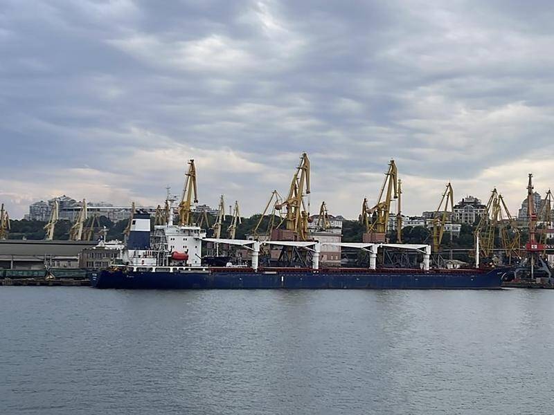 A cargo ship carrying Ukrainian grain prepares to leave the Black Sea port of Odessa. (AP PHOTO)