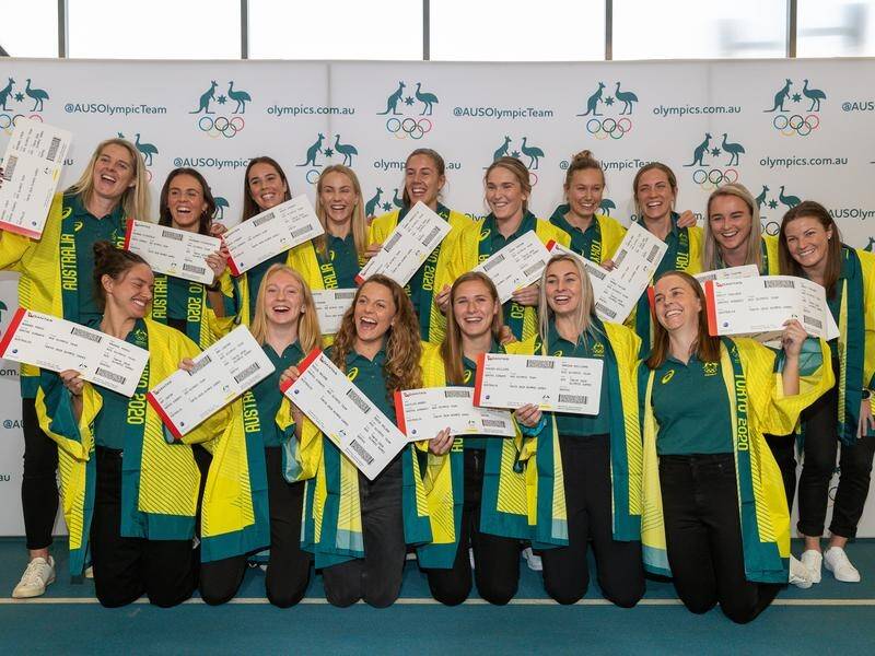 Hockeyroos players at the announcement of the Tokyo Olympic squad in Perth.