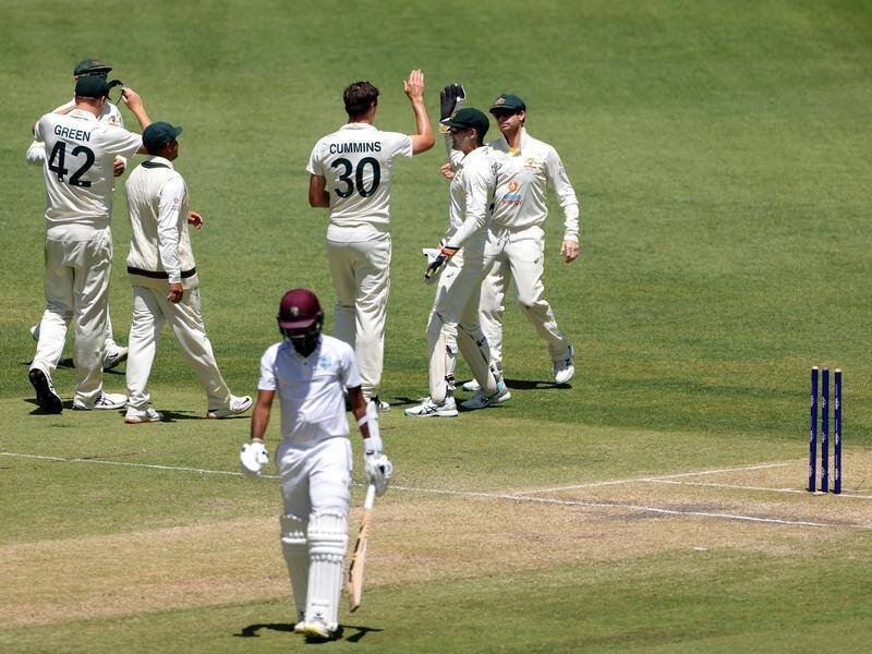 Australia captain Pat Cummins celebrates his 200th Test wicket with teammates in Perth. (Richard Wainwright/AAP PHOTOS)