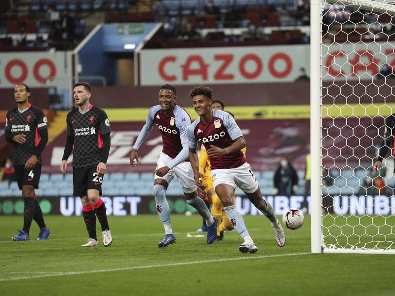 Aston Villa's Ollie Watkins celebrates one of his three goals in the 7-2 thrashing of Liverpool.